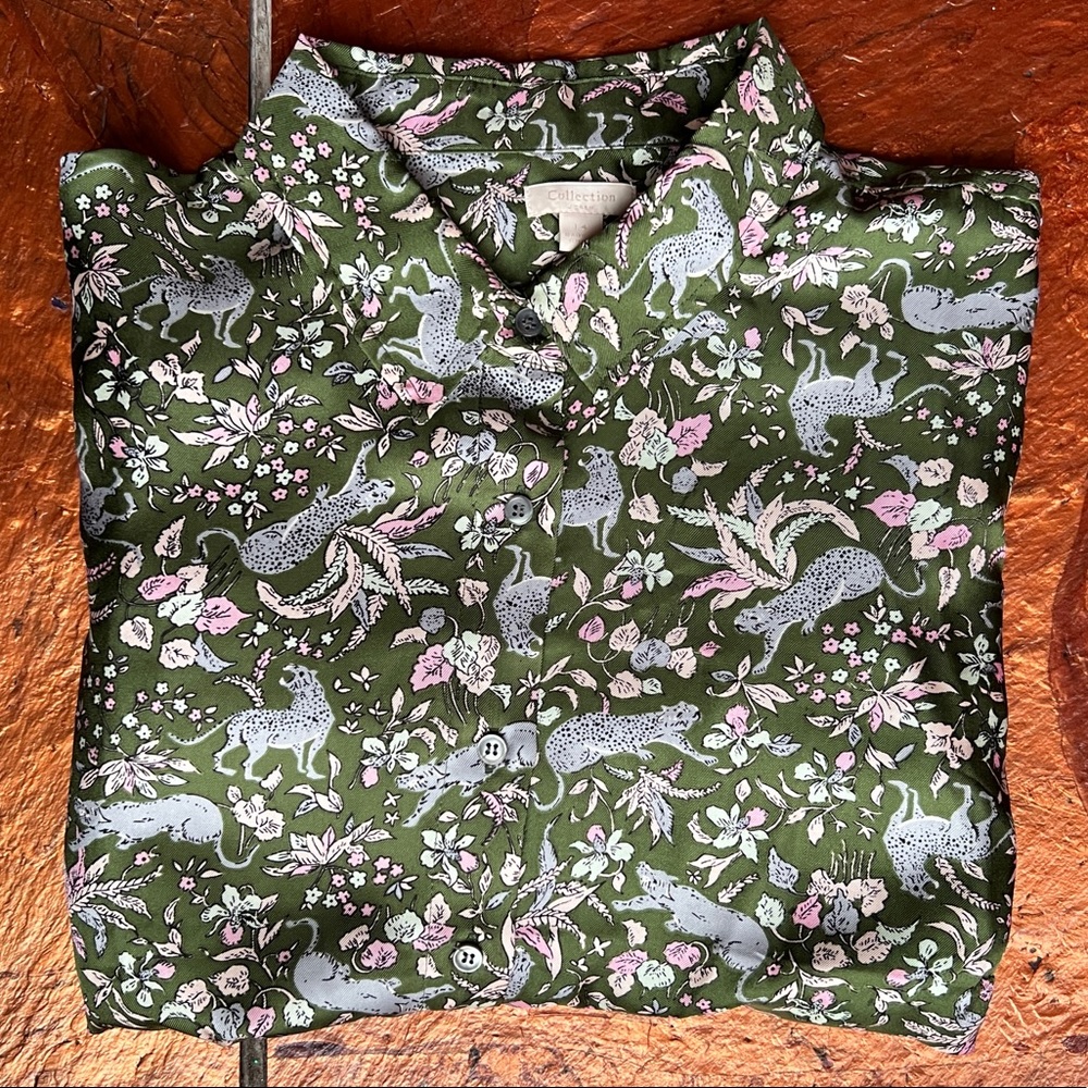 Collection silk twill button-up in jungle cat print (size 14)